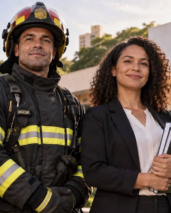 Ilustração: bombeiro e professora em frente a uma escola, representando servidores públicos.