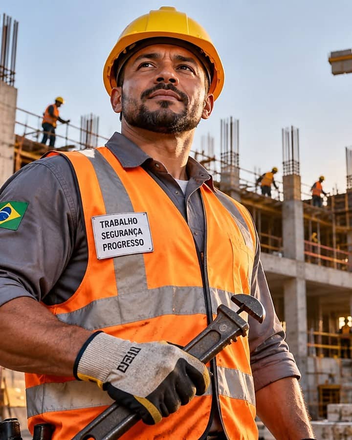 Ilustração: operário de capacete e colete em um canteiro de obras ao amanhecer.